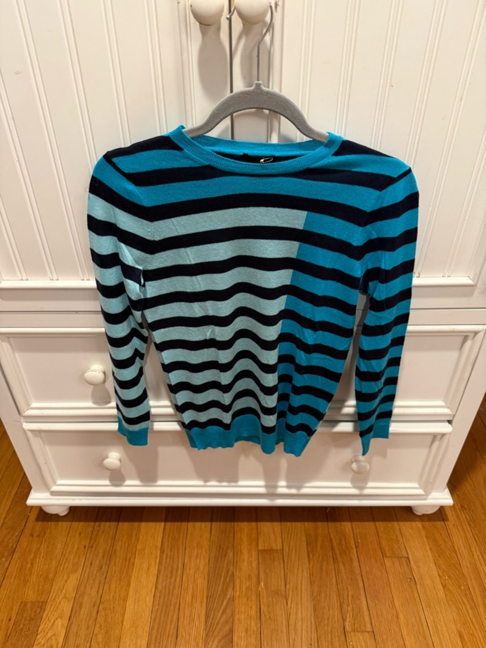 J. Crew Teal and Black Striped Crewneck Sweater